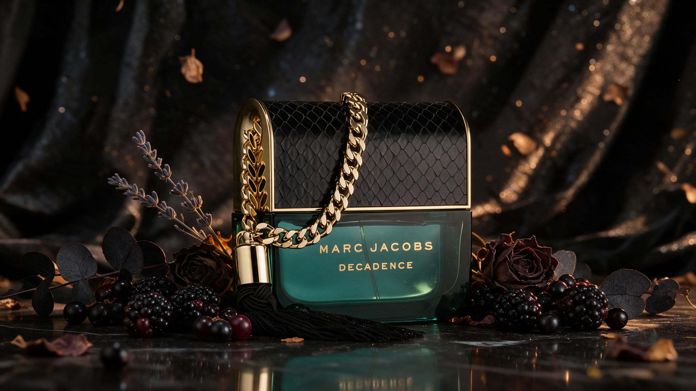 Elegant studio photo of a dark amber glass perfume bottle with a black cap labeled as a luxury women's fragrance, p