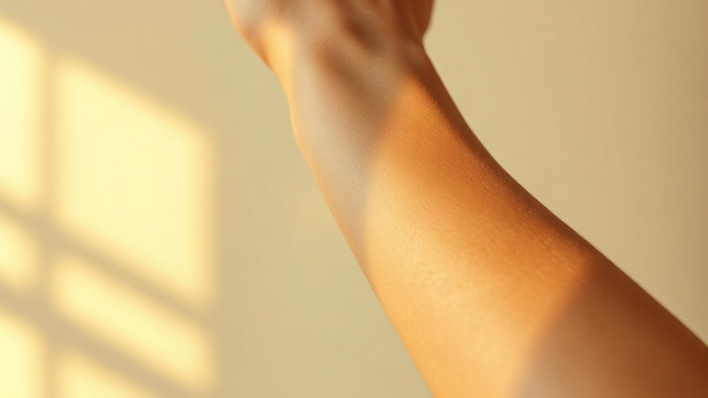 close-up of a wrist and hand, fingers gently touching pulse point, soft golden hour light, minimalist neutral background