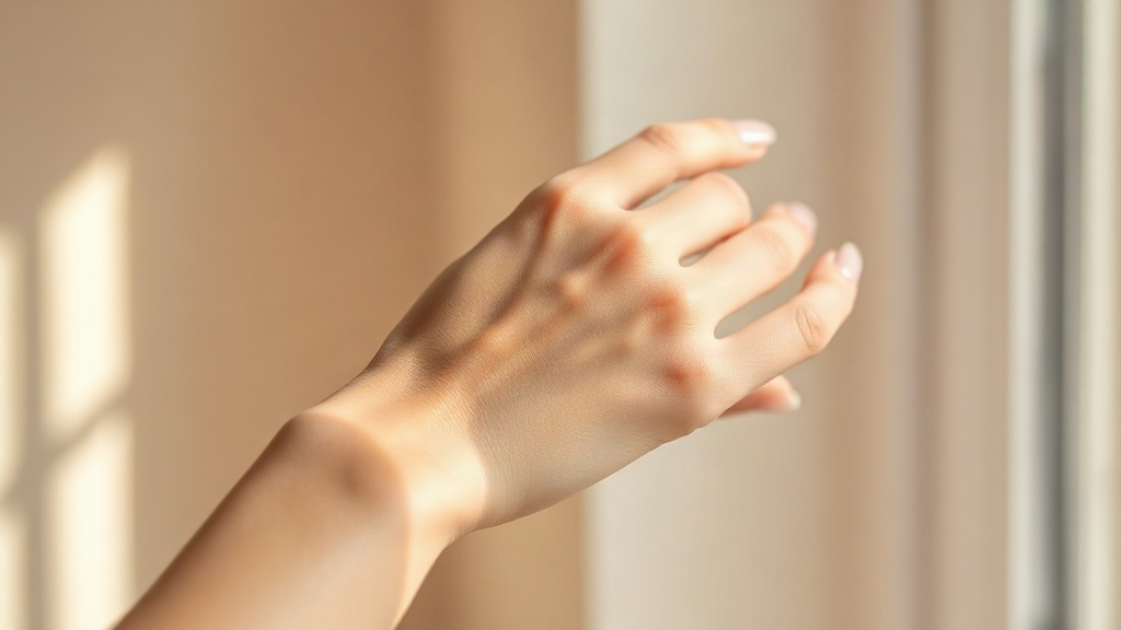 close-up photograph of a woman's bare wrist and hand, fingers gently touching the skin after perfume application, s