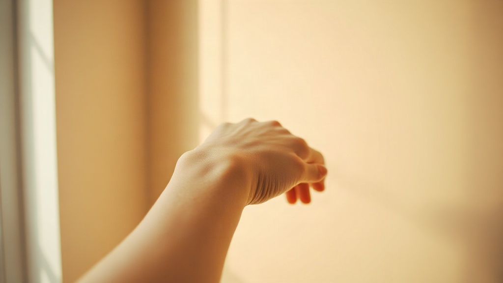 close-up photograph of a wrist and hand, delicate mist of perfume spray in the air above the wrist, soft natural window 
