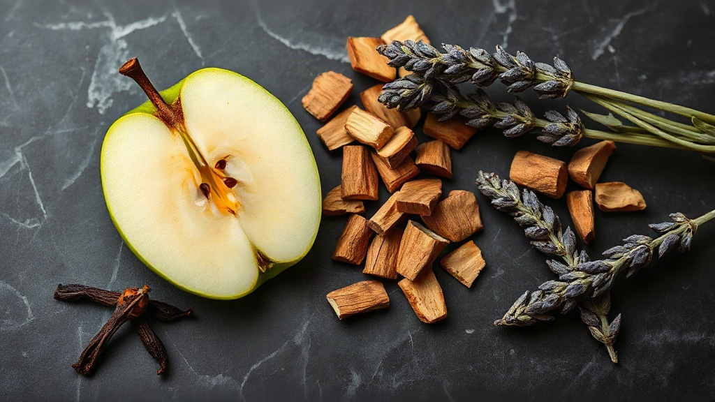 Flat lay of fragrance ingredients on a dark marble surface — a sliced green apple, whole cloves, sandalwood chips, cedar