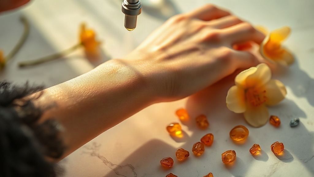close-up of a woman's wrist with a delicate perfume mist being applied, soft golden light, mimosa flowers and amber