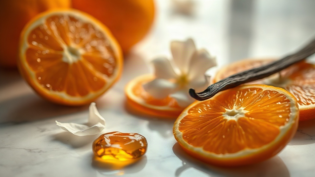 close-up macro photography of fresh mandarin orange slices, orange blossom petals, vanilla pods and amber resin arranged