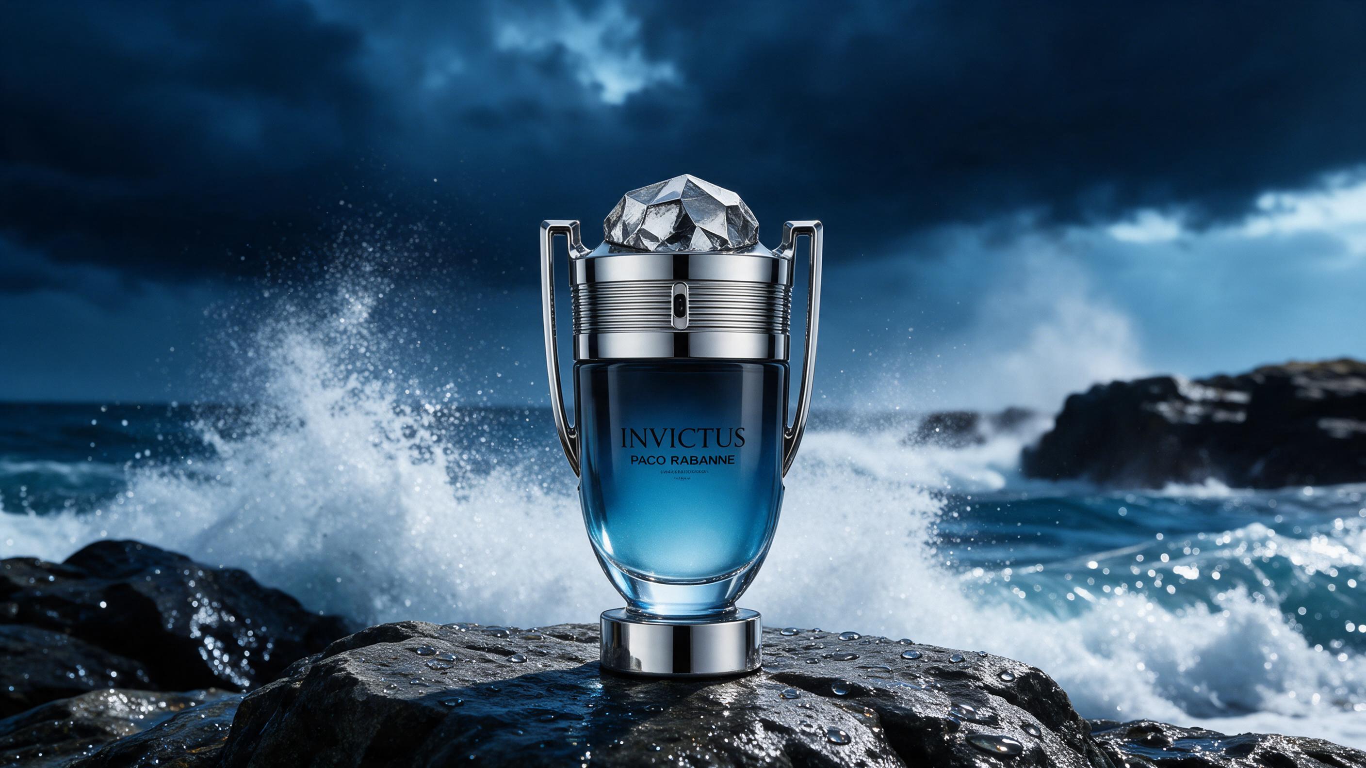 professional product photograph of a Paco Rabanne Invictus perfume bottle with its distinctive faceted rock-shaped cap, 