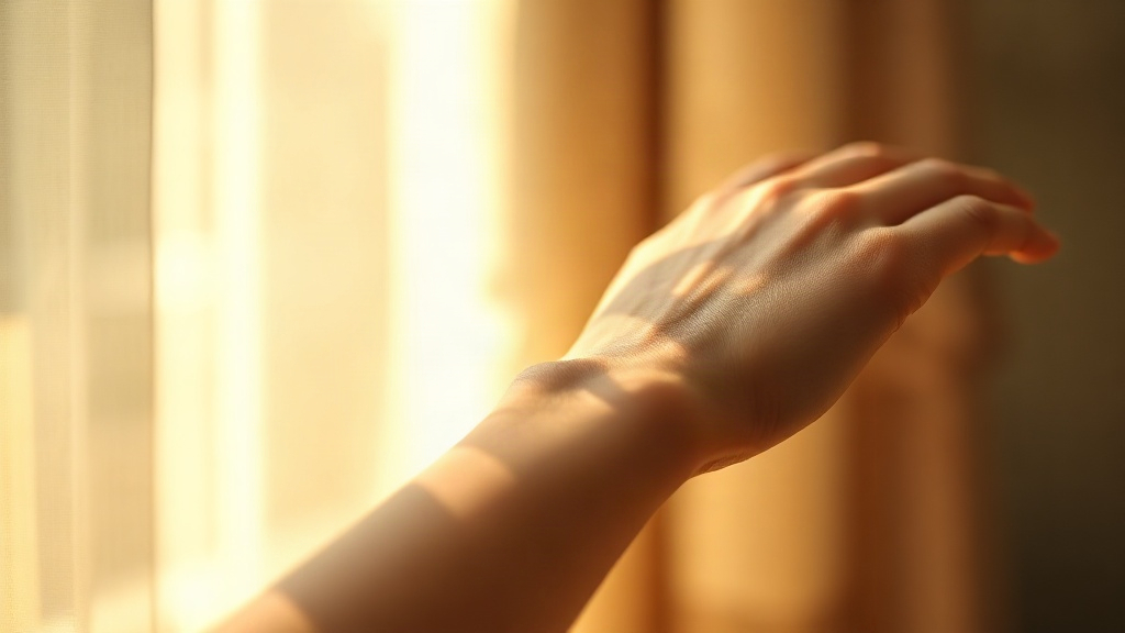 Soft focus photograph of a woman's wrist and hand gently touching, sunlight streaming through a sheer curtain, deli