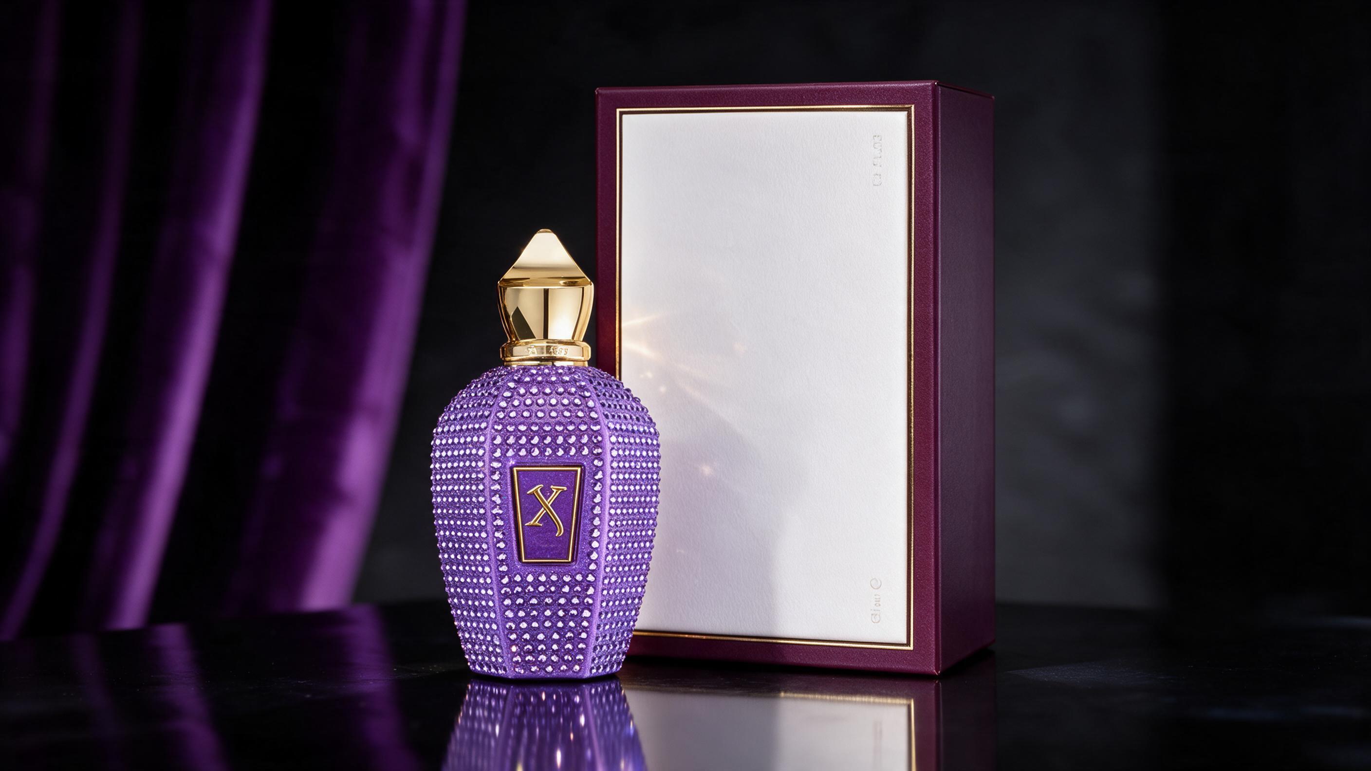 luxury Xerjoff perfume bottle with ornate gold cap and purple-toned label standing on a dark reflective surface, dramati