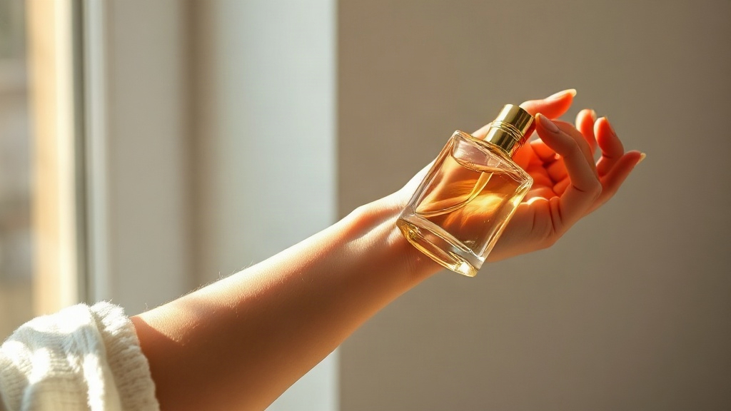 close-up photograph of a woman applying perfume to her wrist, delicate hand and wrist in soft natural window light, mini