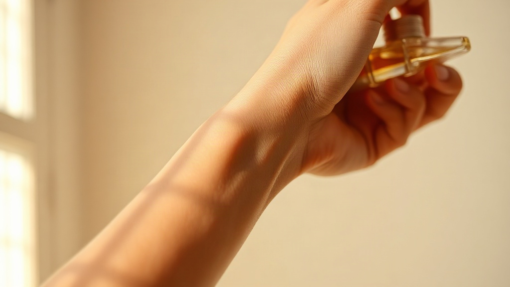 close up of a hand and wrist only, fingertips lightly touching the inner wrist, soft warm daylight, minimal clean backgr