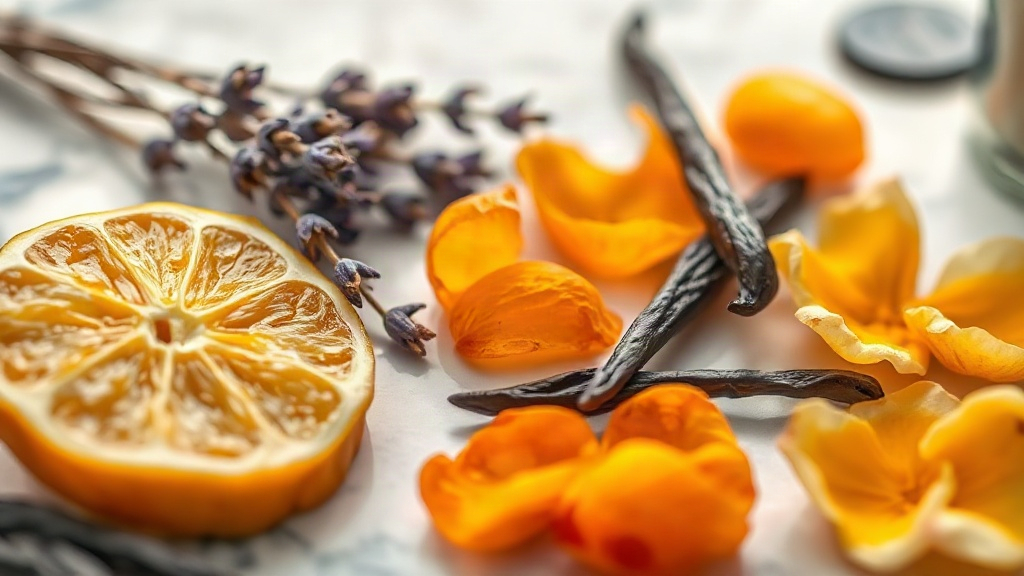 close-up macro photograph of perfume raw materials arranged on a marble surface, fresh bergamot slices, dried lavender s