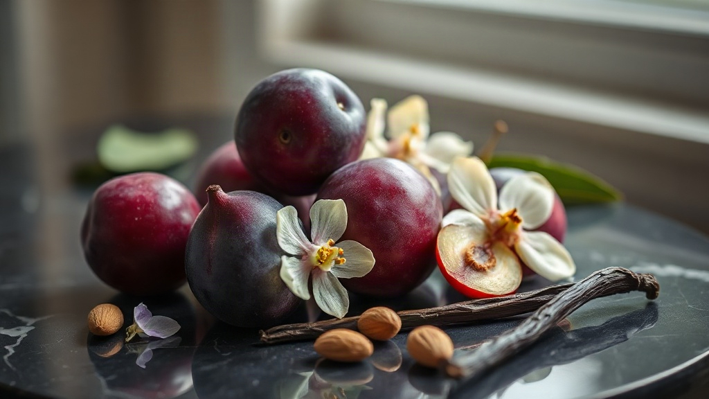 macro still life photo of fresh purple plums, elderflower blossoms, almond slices and a vanilla pod arranged on dark mar