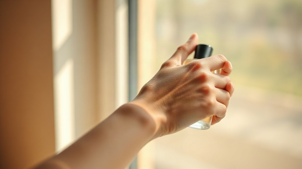 close-up photograph of a wrist and hand gently touching perfume, soft natural window light, delicate skin texture, minim