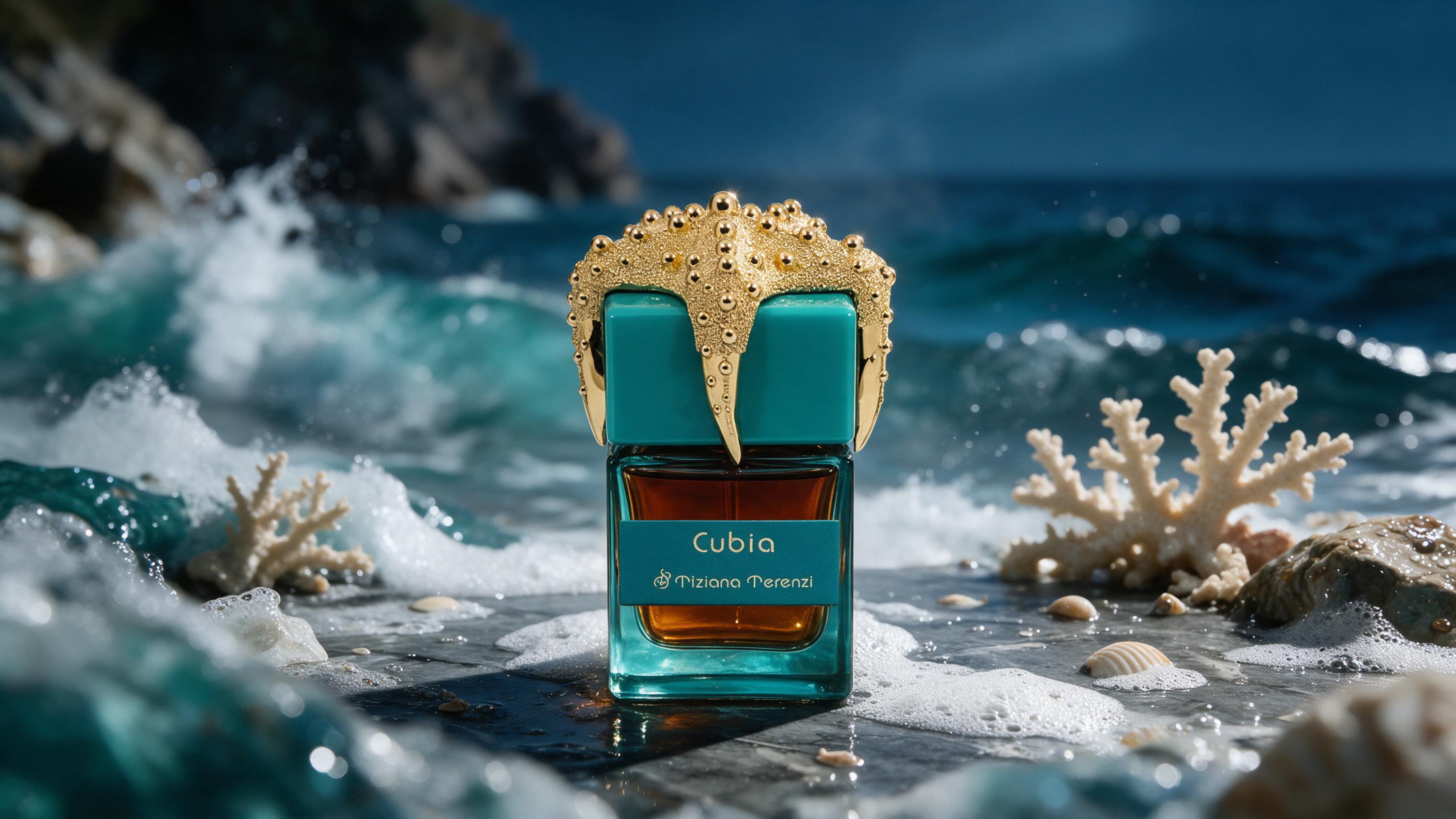 elegant glass perfume bottle with dark amber liquid, marine-inspired label design, resting on wet dark marble surface wi