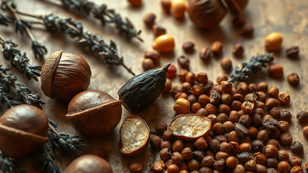 warm autumn perfume ingredients flat lay, toasted chestnuts, vanilla pods split open, amber resin chunks, dried lavender