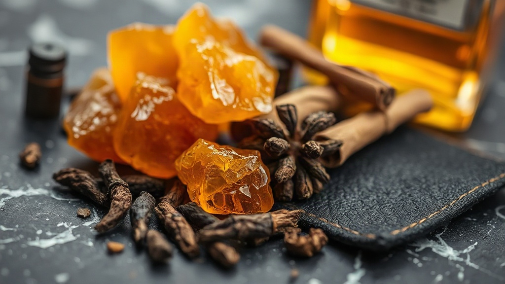 Close-up still life of raw perfume ingredients: amber resin chunks, dried tobacco leaves, cracked black pepper, cinnamon