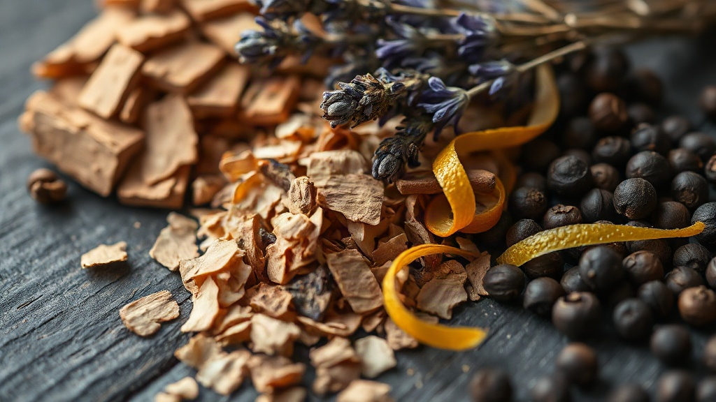 close-up macro shot of sandalwood chips, dried lavender sprigs, citrus peel curls, and black peppercorns arranged on a d