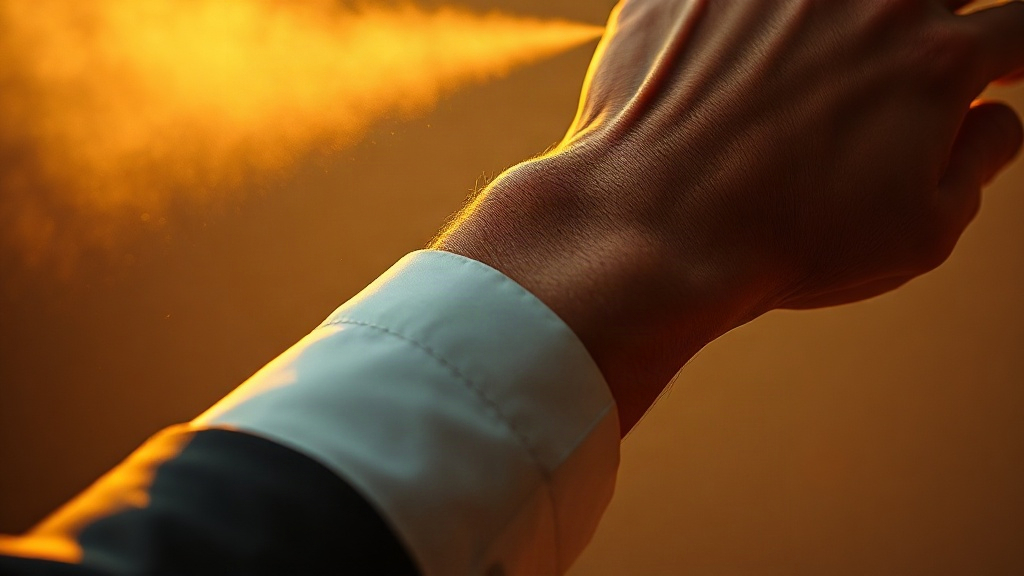 close-up of a man's wrist and hand, perfume mist spraying in soft focus above the wrist, warm golden hour side ligh