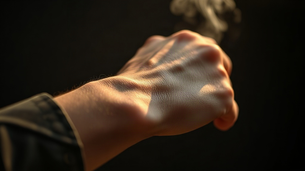 close-up photograph of a man's wrist and hand with a fine perfume mist settling on the skin, soft warm side lightin