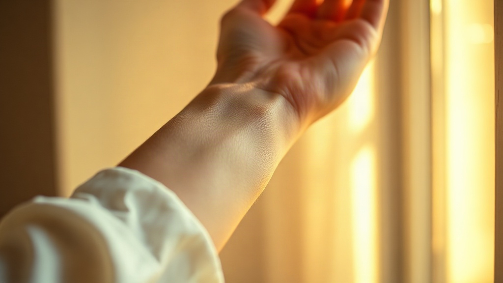 Close-up of an elegant woman's wrist and hand, delicate fingers gently touching the inner wrist, soft golden hour s