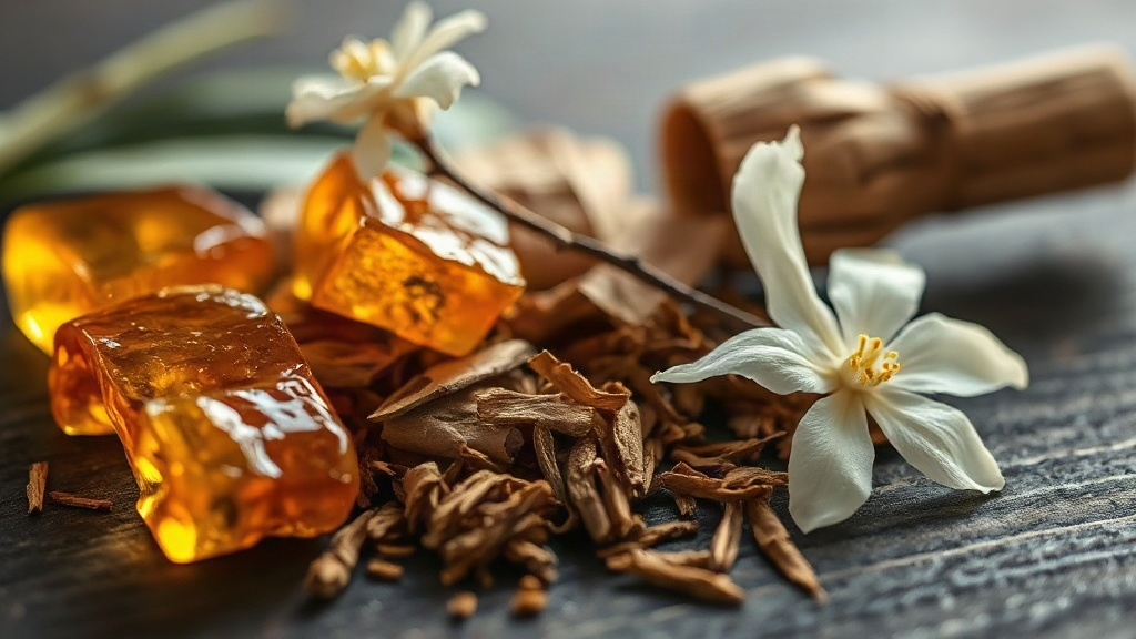 close-up of amber resin chunks, dried tobacco leaves, cedar wood shavings and a sprig of jasmine flowers arranged on a d