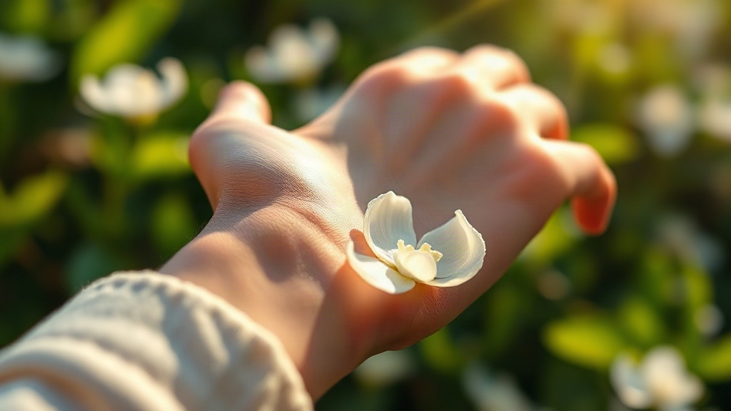 a woman's wrist and hand with delicate water droplets and jasmine petals resting on the skin, soft morning sunlight