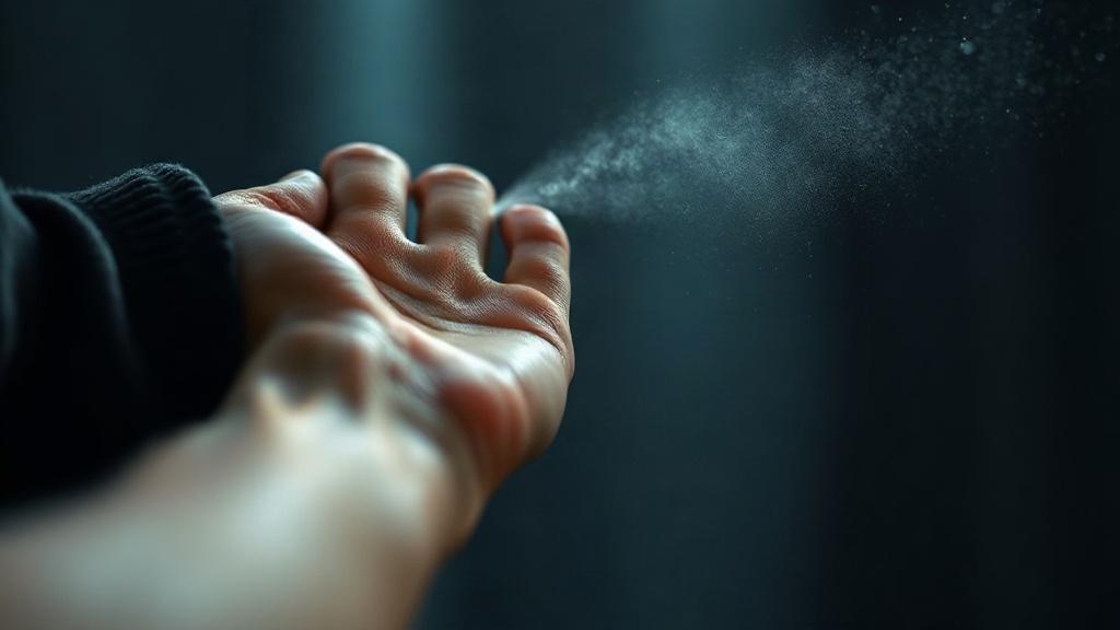 close-up photo of a bare wrist and hand being misted, fine perfume spray droplets catching cool light in the air, dark t