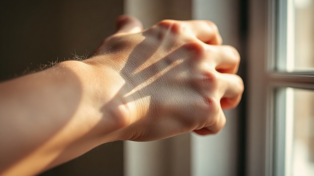 close-up photo of a man's wrist and hand, perfume spray mist lightly falling onto the skin, soft natural window lig