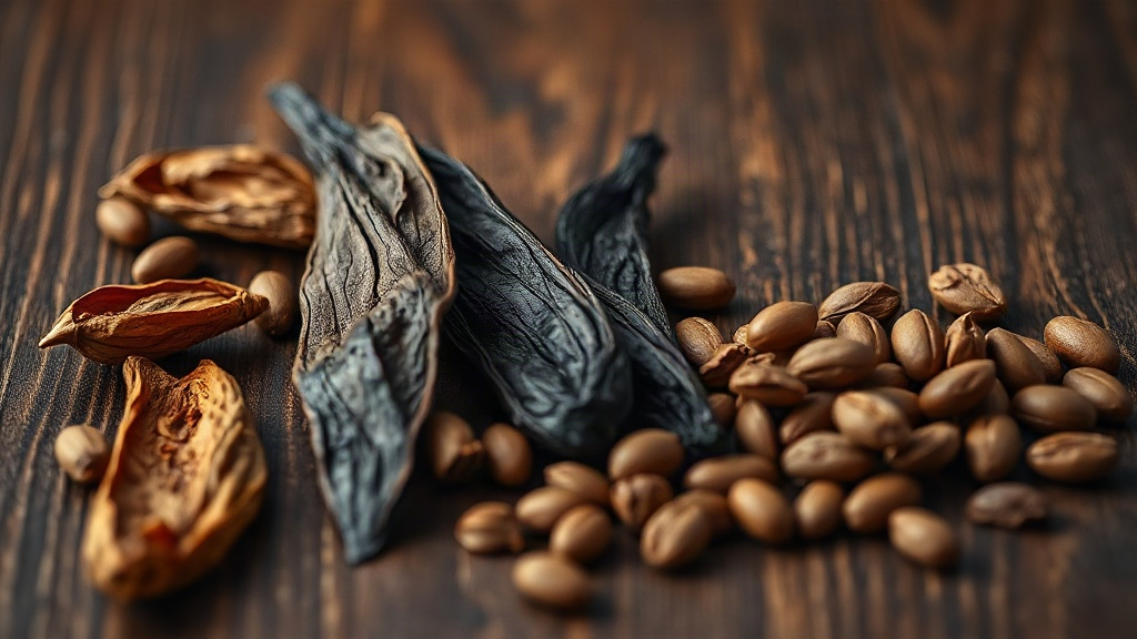 raw tobacco leaves, vanilla pods, tonka beans and cacao nibs arranged on a dark wooden surface, warm amber light, macro 