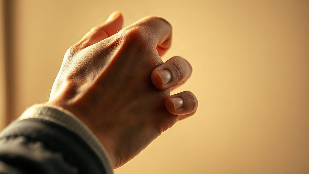 close-up photograph of a man's wrist and hand, fingers gently touching the inner wrist as if applying fragrance, so