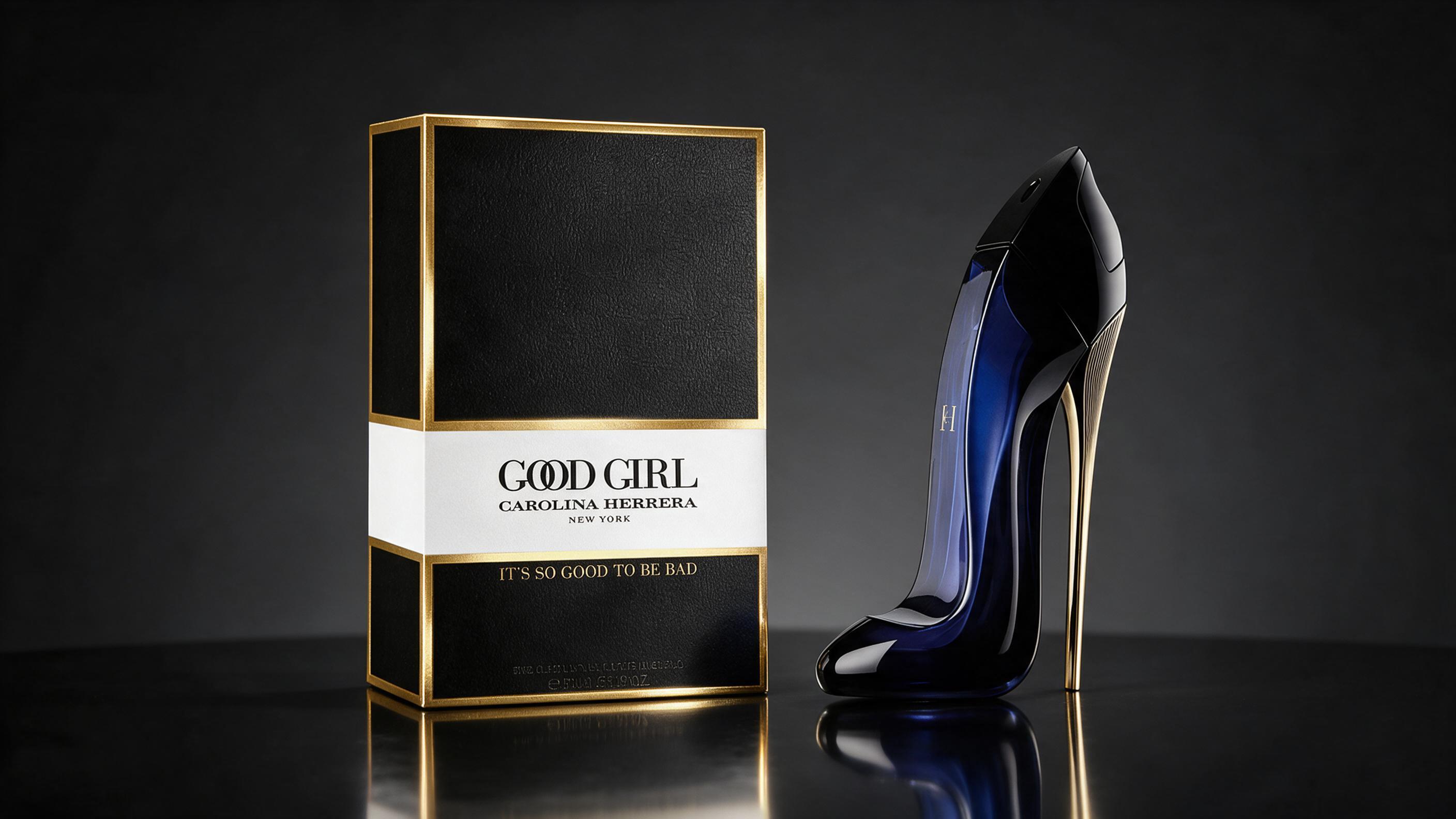 Professional product photography of a Carolina Herrera Good Girl perfume bottle in the shape of a black high-heel shoe w