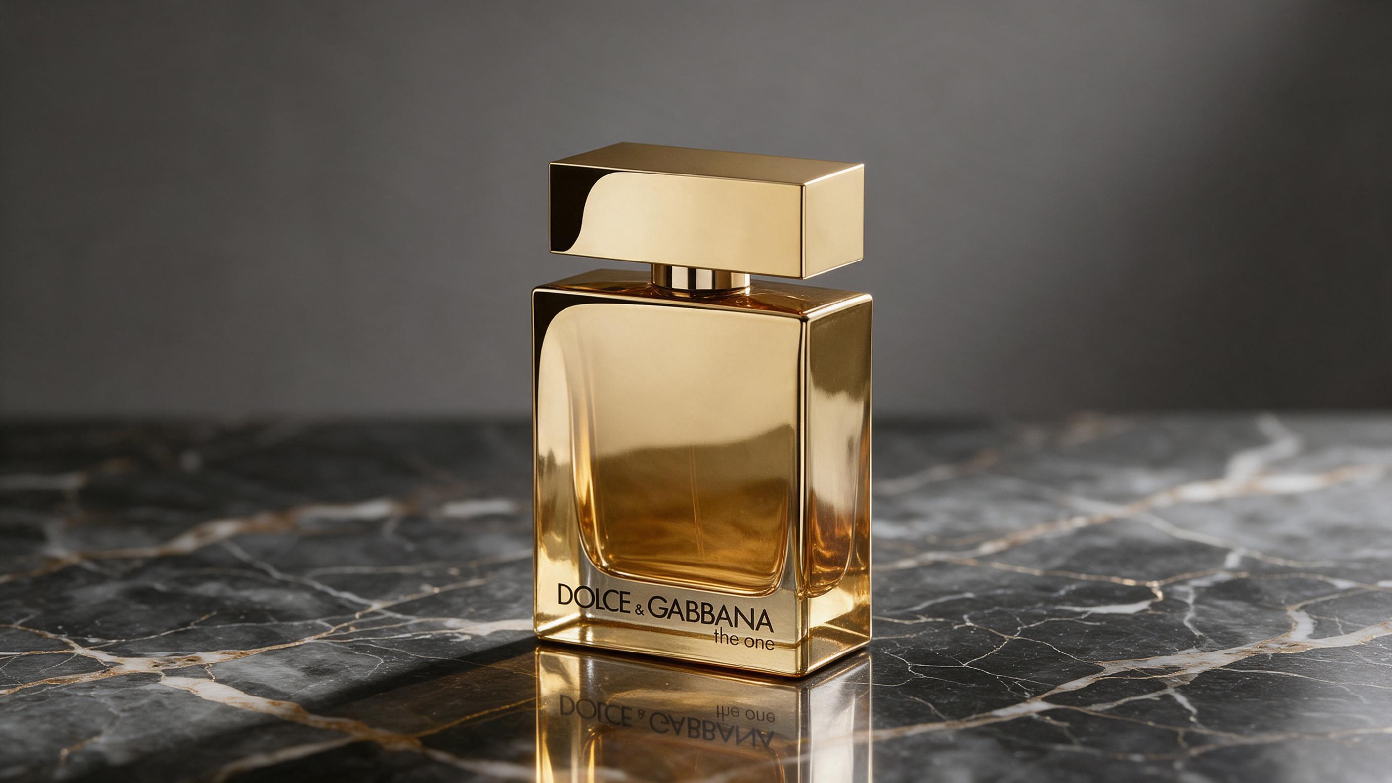 professional product photography of the Dolce & Gabbana The One for Men Gold eau de parfum bottle with its signature
