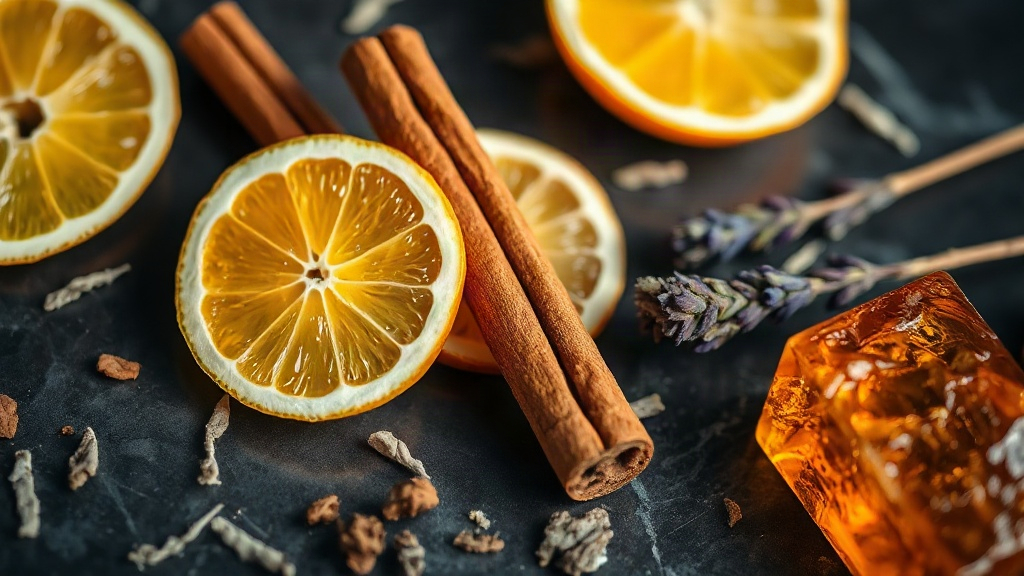 macro still life of bergamot slices, cinnamon sticks, lavender sprigs and amber resin arranged on a dark marble surface,