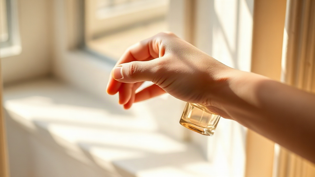 A single hand gently applying perfume to the wrist, soft natural window light, delicate gesture, warm beige and gold ton