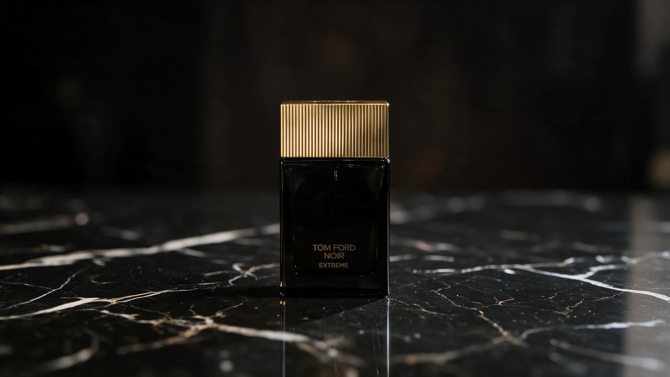 elegant black glass perfume bottle with a polished gold cap standing on a dark marble surface, soft studio lighting with