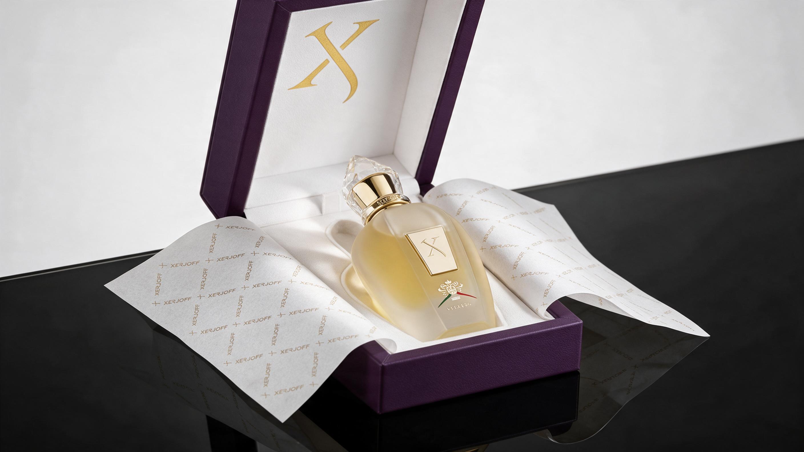 professional product photography of an elegant dark glass perfume bottle with minimalist label, placed on a reflective b