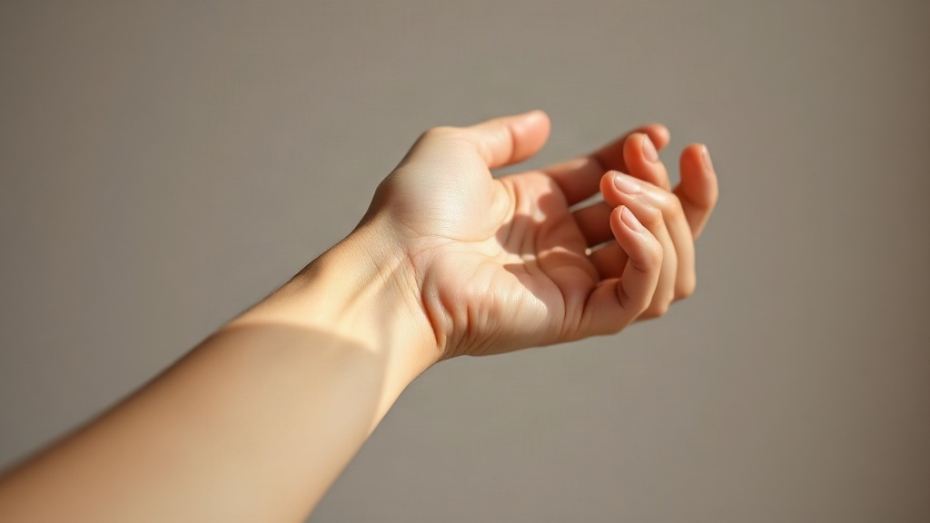 a wrist and hand gently touching the inside of the wrist, soft diffused light, minimal neutral background, delicate skin
