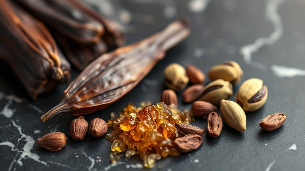 close-up macro photograph of aromatic perfume ingredients arranged on a dark marble surface, whole vanilla pods, pink pe