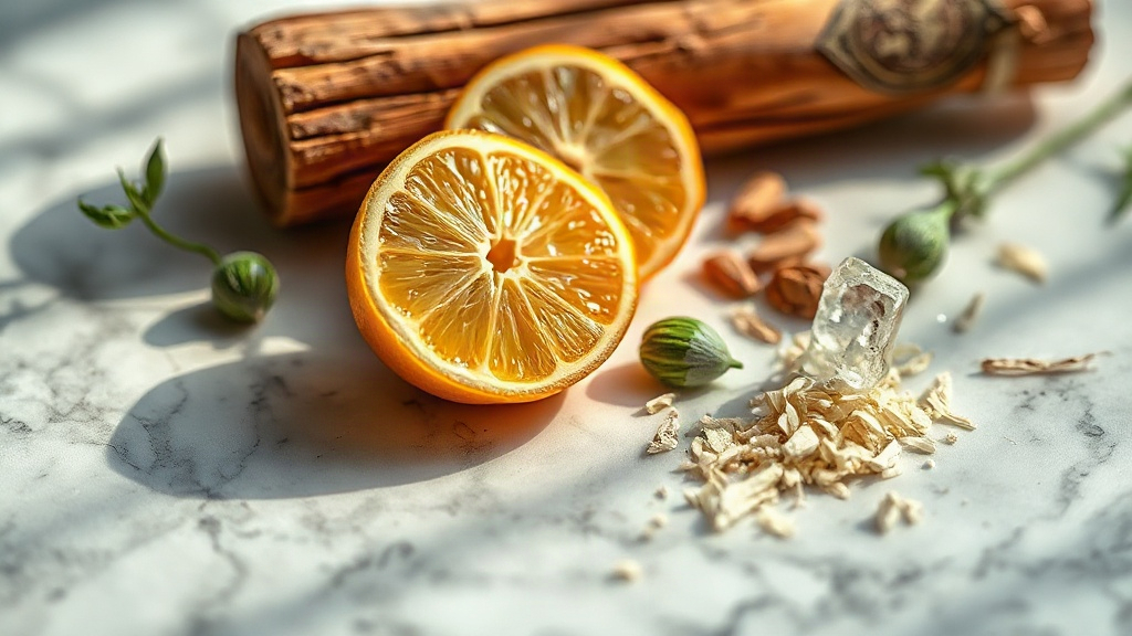 Macro still-life photograph of raw perfumery ingredients arranged on a marble surface: fresh bergamot halves, cedar wood