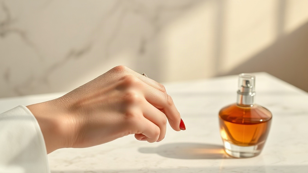 elegant female wrist and hand only, delicate gesture of applying perfume, soft warm indoor lighting, marble surface in b