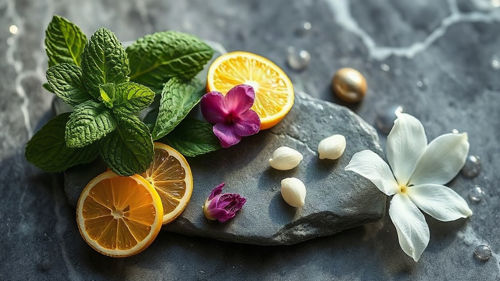 fresh mint leaves, bergamot citrus slices, jasmine flowers and labdanum resin arranged on a wet gray marble surface, wat