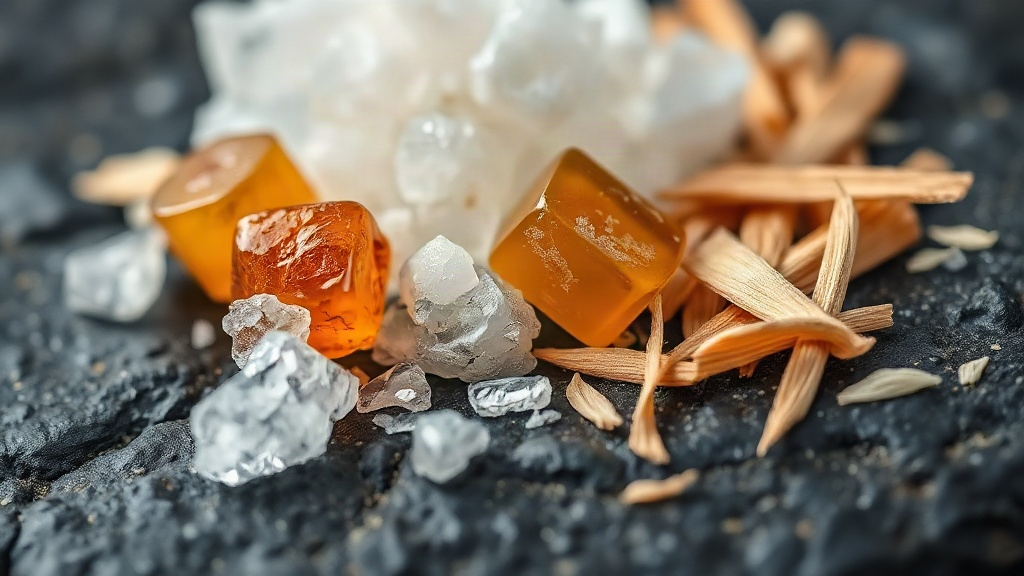 close-up macro photograph of white musk crystals, amber resin chunks, and pale cedarwood shavings arranged on dark textu