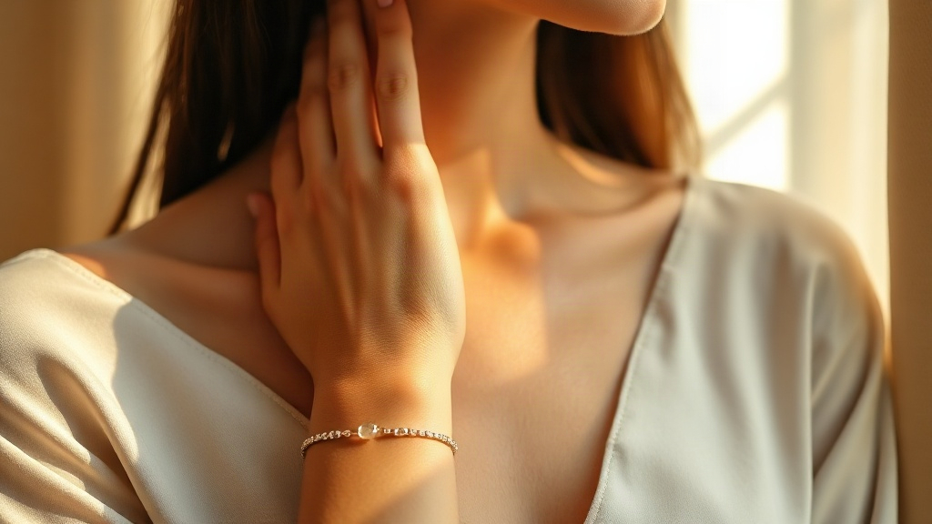 elegant woman's wrist and hand gently touching collarbone, soft natural window light, neutral beige silk fabric bac