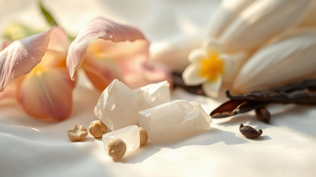 Close-up still life of iris root flowers, orris petals, white musk crystals and vanilla pods arranged on a soft ivory si