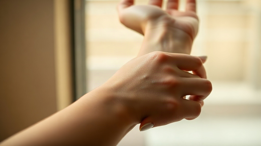 Close-up photograph of a woman's wrist and hand, delicate fingers gently touching the inner wrist, soft natural win