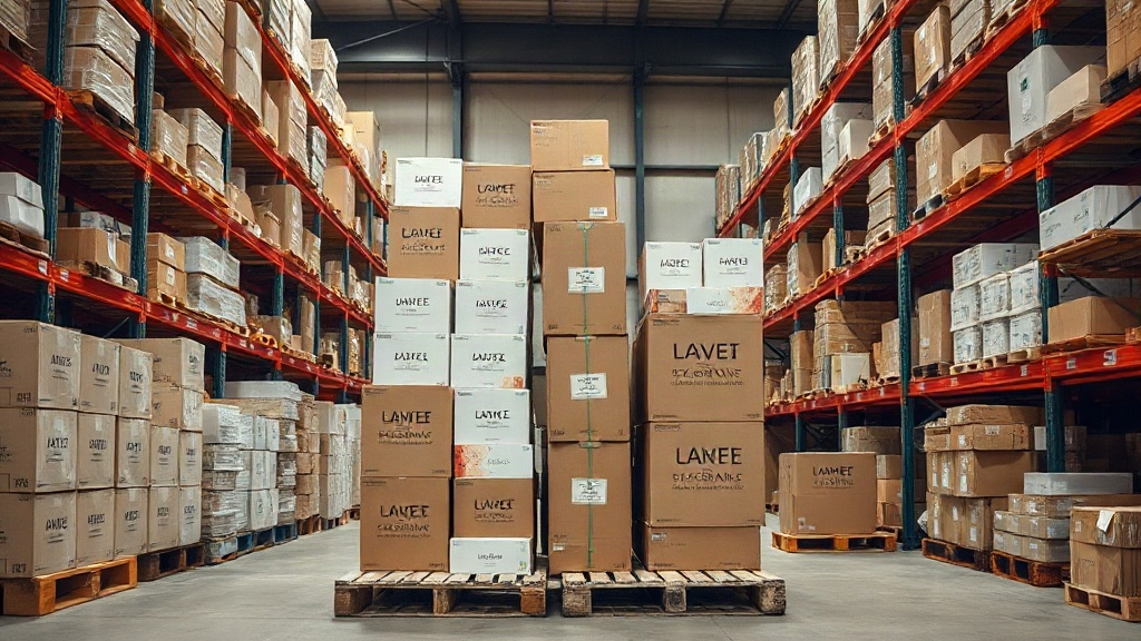 organized retail warehouse shelving filled with neatly stacked perfume boxes and cardboard shipping cartons, wooden pall