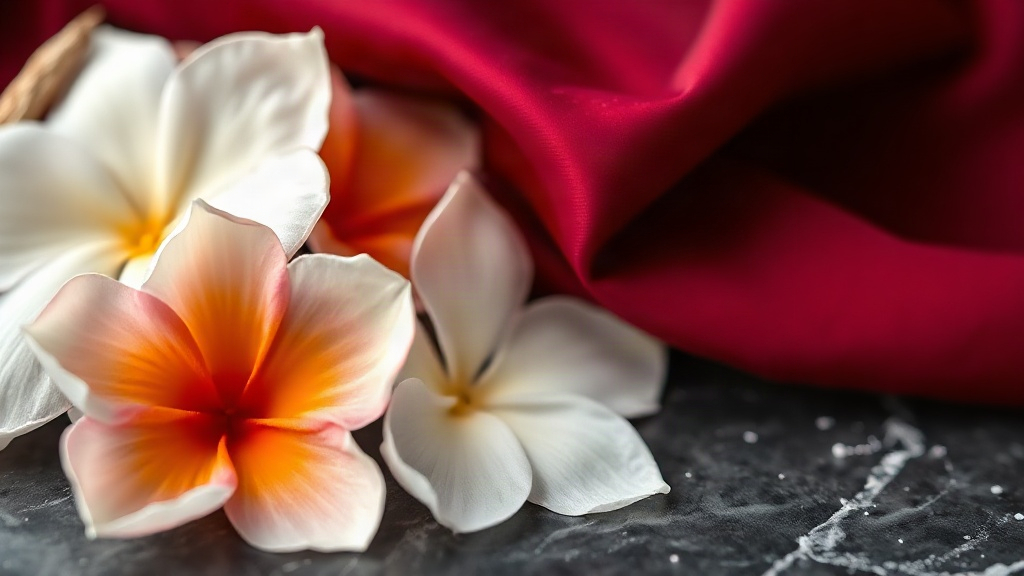 close-up still life of fresh jasmine blossoms and orange blossom flowers beside a swatch of dark red silk fabric on a da
