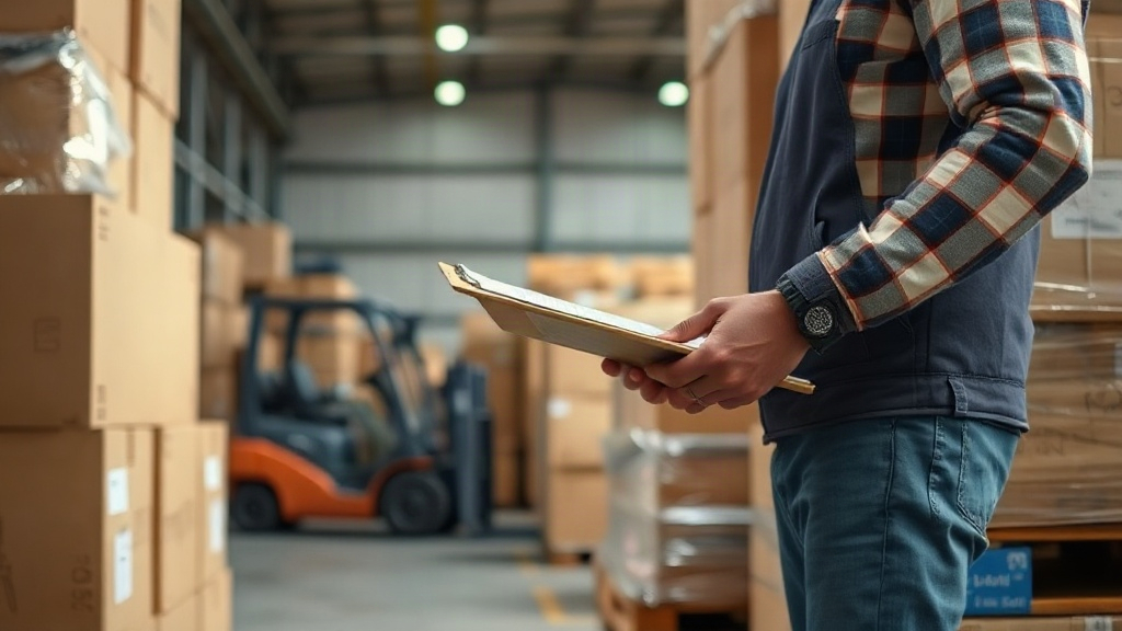 warehouse interior with stacked cardboard shipping boxes and wrapped wooden pallets, a worker's hand checking a del