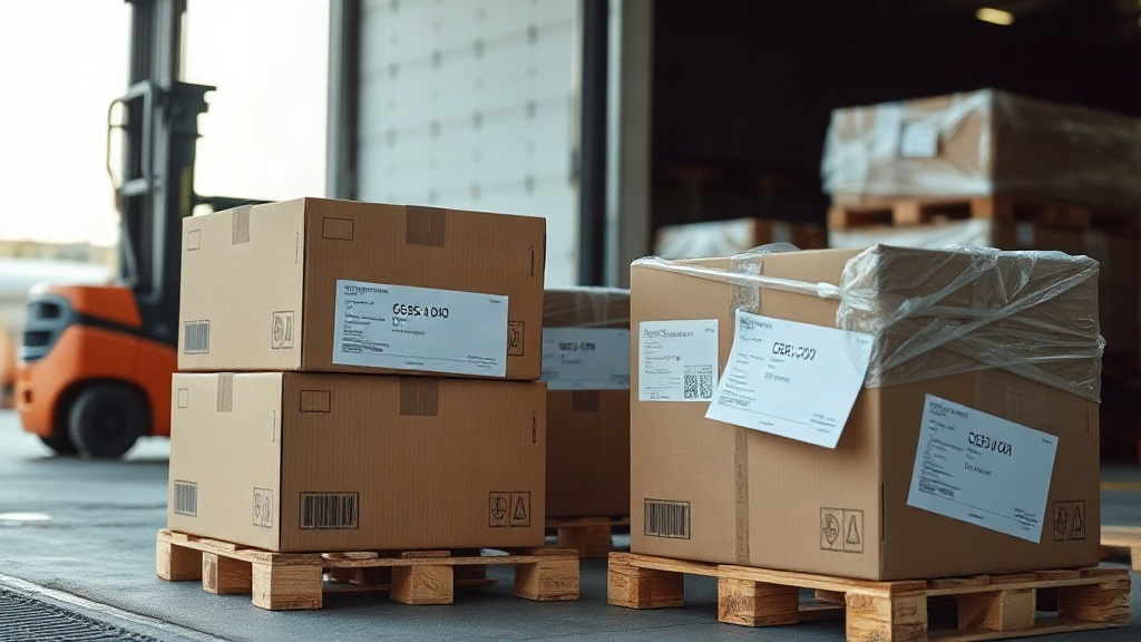 cargo boxes on a logistics dock with customs declaration paperwork, pallets wrapped in plastic film, forklift in the bac
