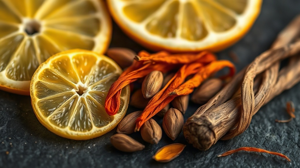 close-up macro photo of bergamot citrus slices, cardamom pods, saffron threads and vetiver roots arranged on a dark text