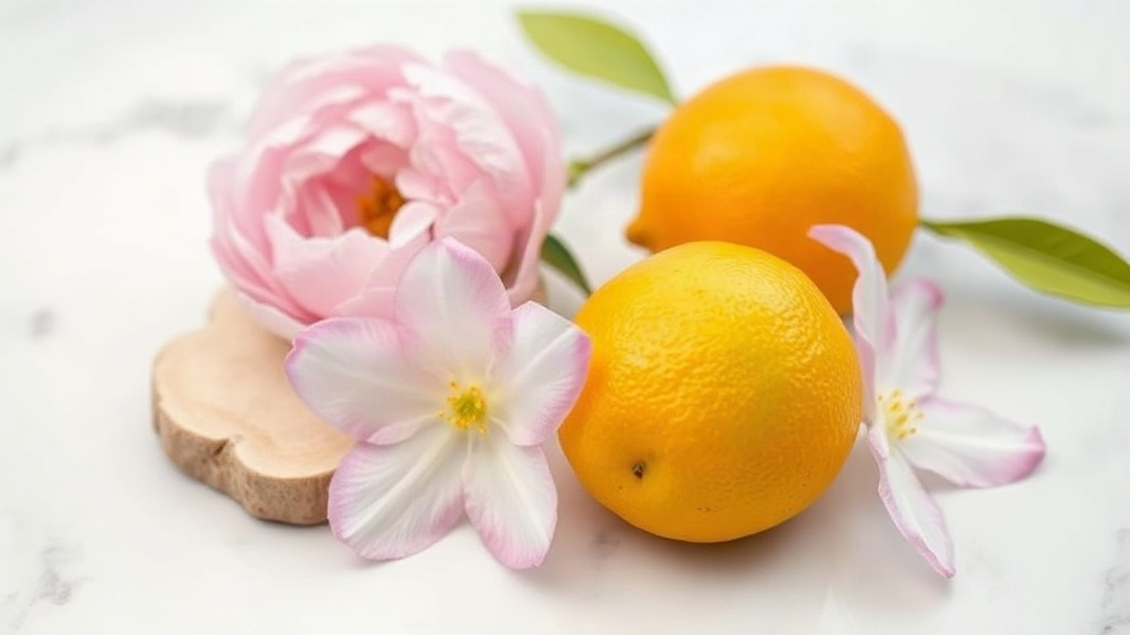 close-up of bergamot fruit, fresh peony and jasmine blossoms and a piece of pale sandalwood arranged on a white marble s