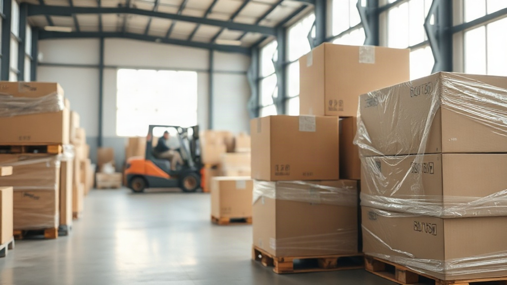 Warehouse interior with stacked cardboard shipping boxes and wooden pallets wrapped in protective plastic film, forklift